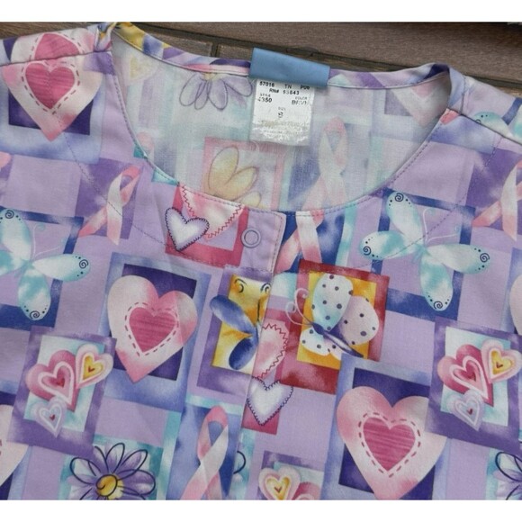 WOMENS SCRUBS JACKET Breast Cancer Scrubs Pink Ribbons Hearts Butterflies SIZE S - Picture 7 of 8